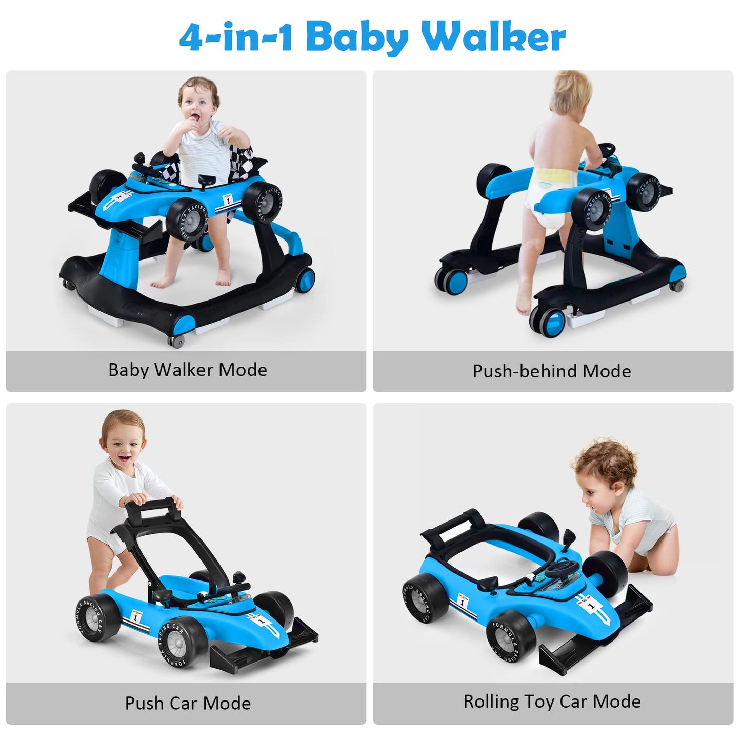 Foldable Push Along Walkers with Adjustable Height & Speed, Music, Lights