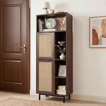 120 cm Storage Cabinet with 2 Rattan Doors & 5 Compartments