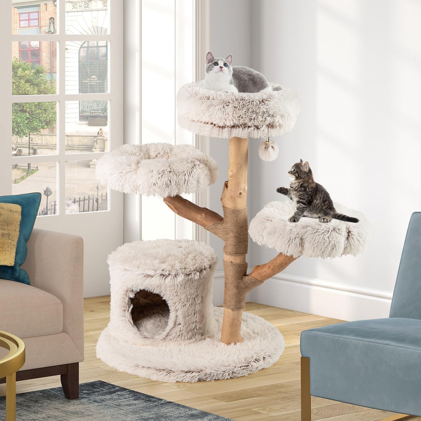 102 CM Tall Real Wood Branch Kitten Tower with Condo and 2 Flower Platforms