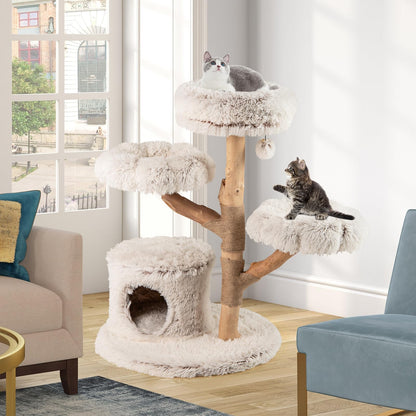102 CM Tall Real Wood Branch Kitten Tower with Condo and 2 Flower Platforms