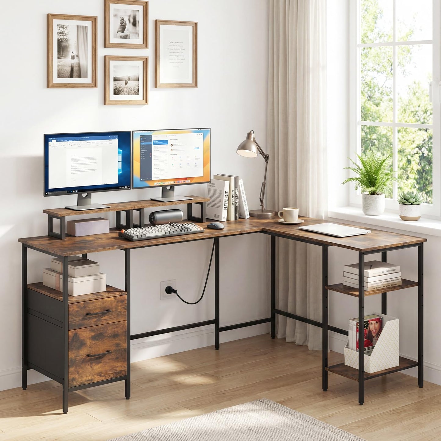 L-shaped Desk with Power Outlets Monitor Stand 2 Drawers and Adjustable Shelf