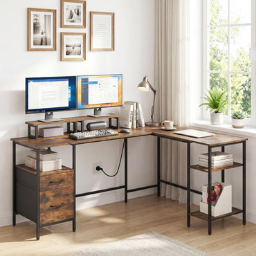 L-shaped Desk with Power Outlets Monitor Stand 2 Drawers and Adjustable Shelf