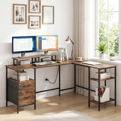 L-shaped Desk with Power Outlets Monitor Stand 2 Drawers and Adjustable Shelf