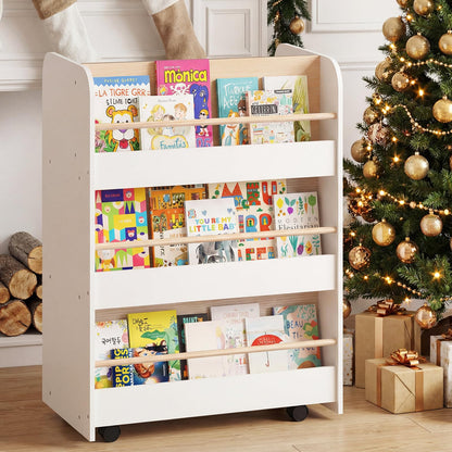 3-Tier Bookshelf for Kids with Wheels Double-sided Book Display