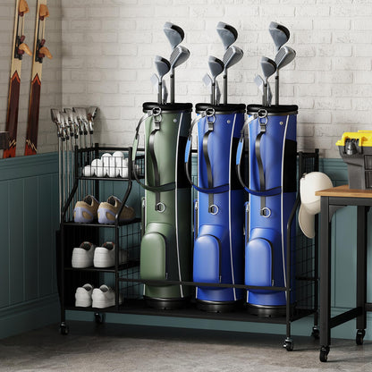 3 Golf Bag Stand for Clubs with Lockable Wheels and Removable Hooks
