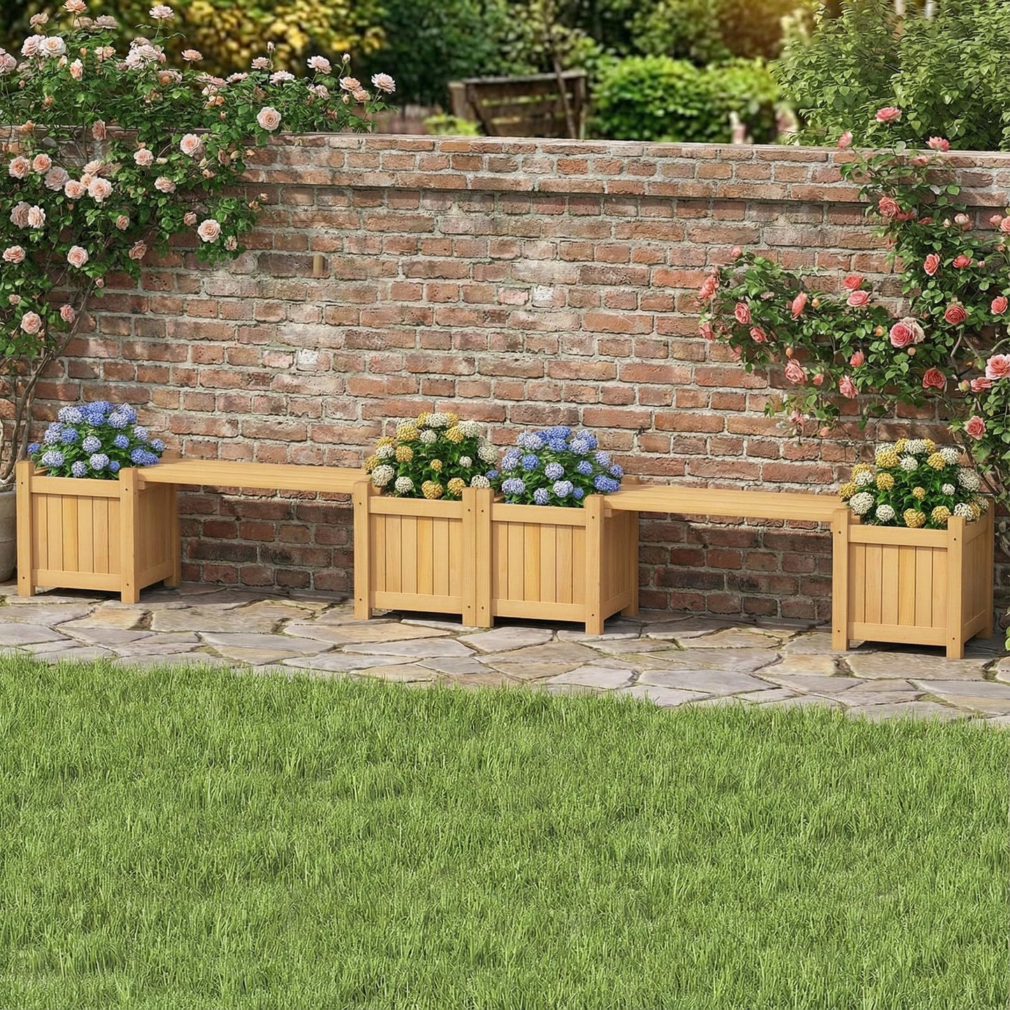 3-in-1 Wooden Planter, Raised Garden Bed, Teak Oil Finish Outdoor Flower Box