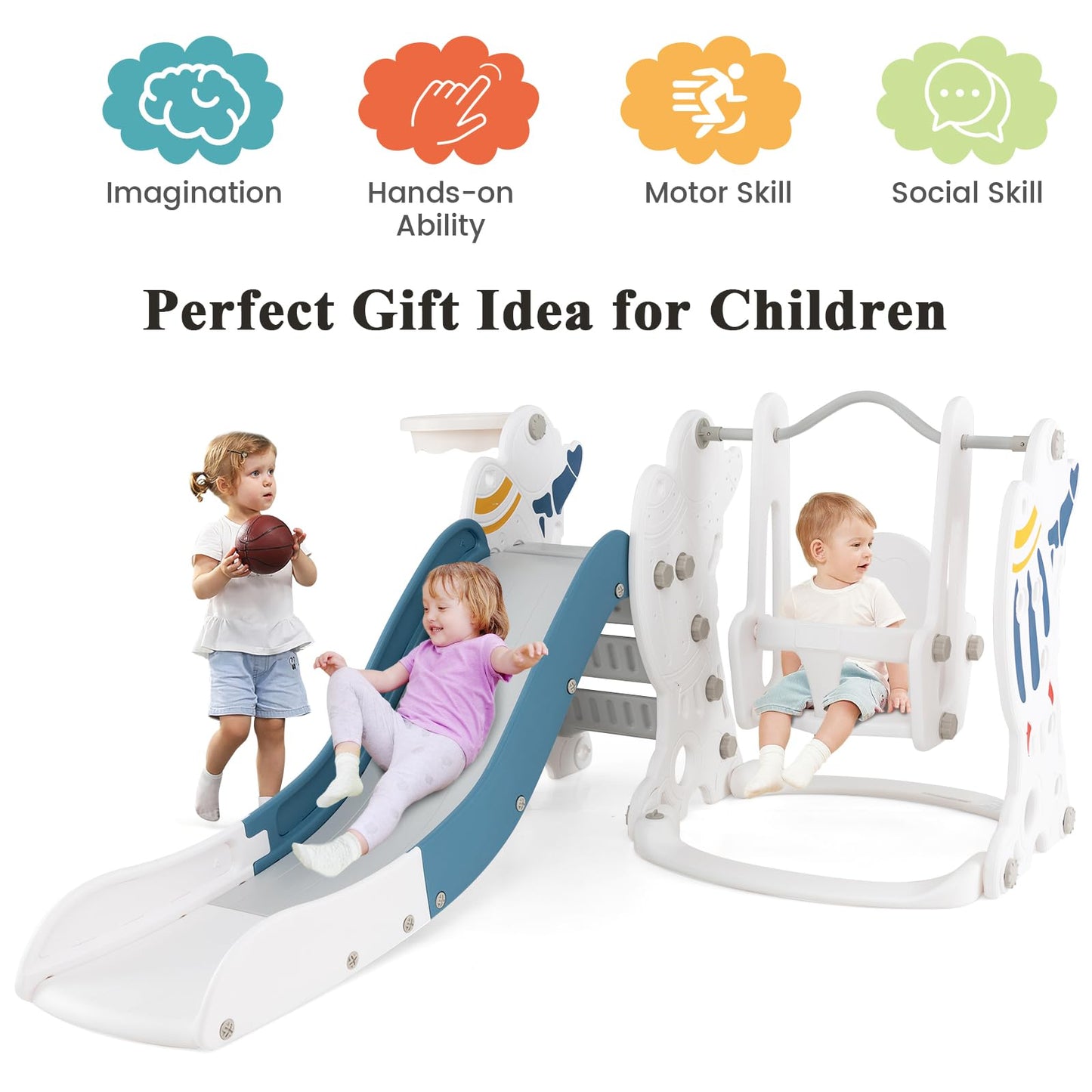 Toddler Slide and Swing Set with Extended Slide, Swing, Basketball Hoop and Climber