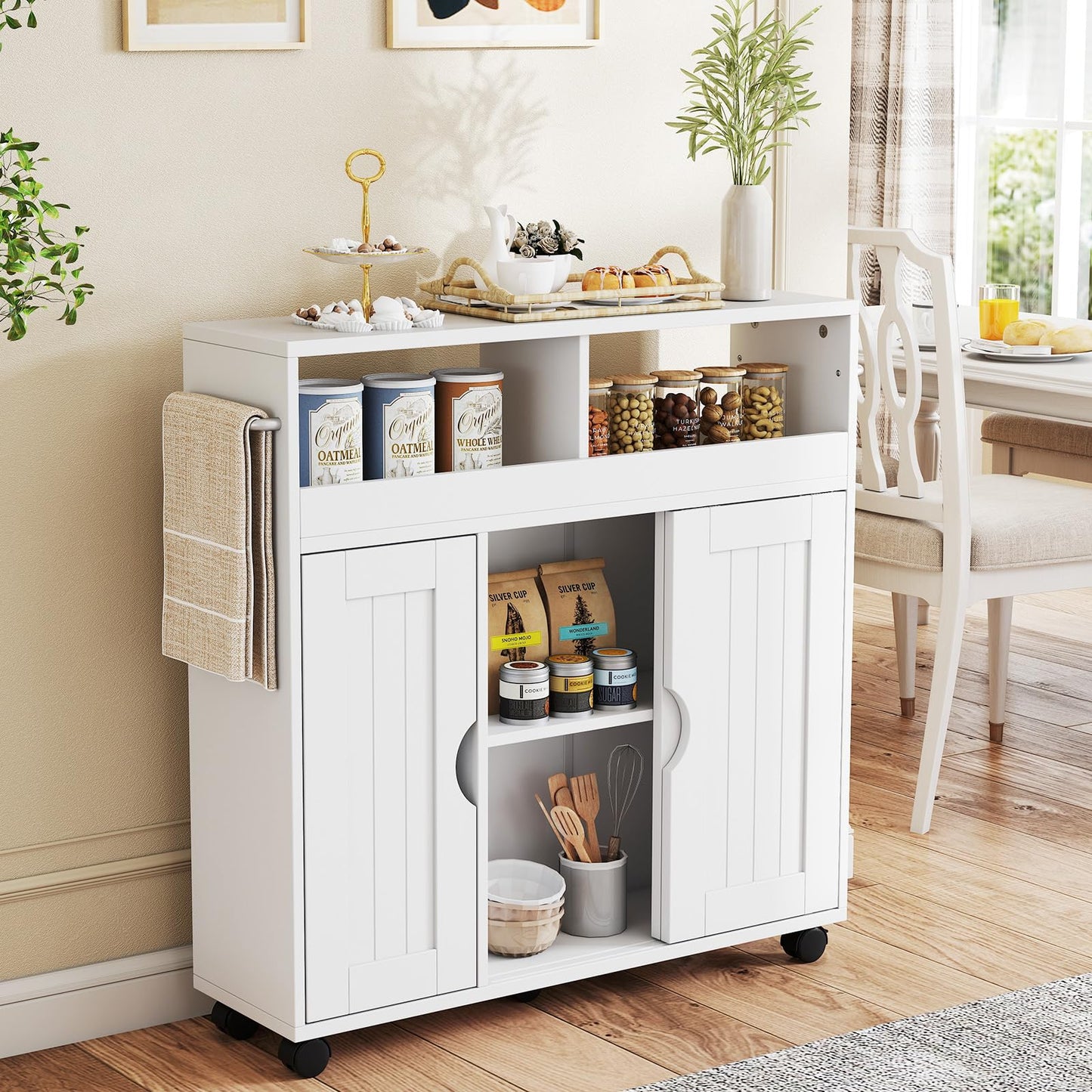 Bathroom Floor Cabinet on Wheels, Freestanding Slim Bathroom Storage Unit