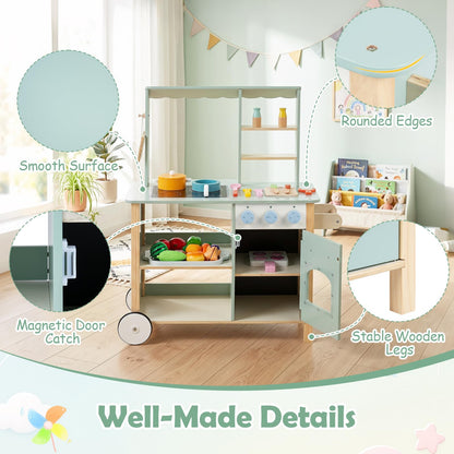 Kids Play Kitchen, Wooden Toy Kitchen with Stoves, Oven, Chalkboard