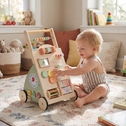 Wooden Baby Walker, 10 in 1 Toddler Push Along Toy with Activity Center