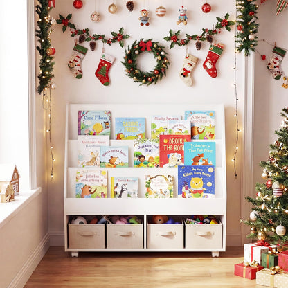 Double-Sided Kids Bookshelf Toddler Book Shelf on Wheels with Chalkboard