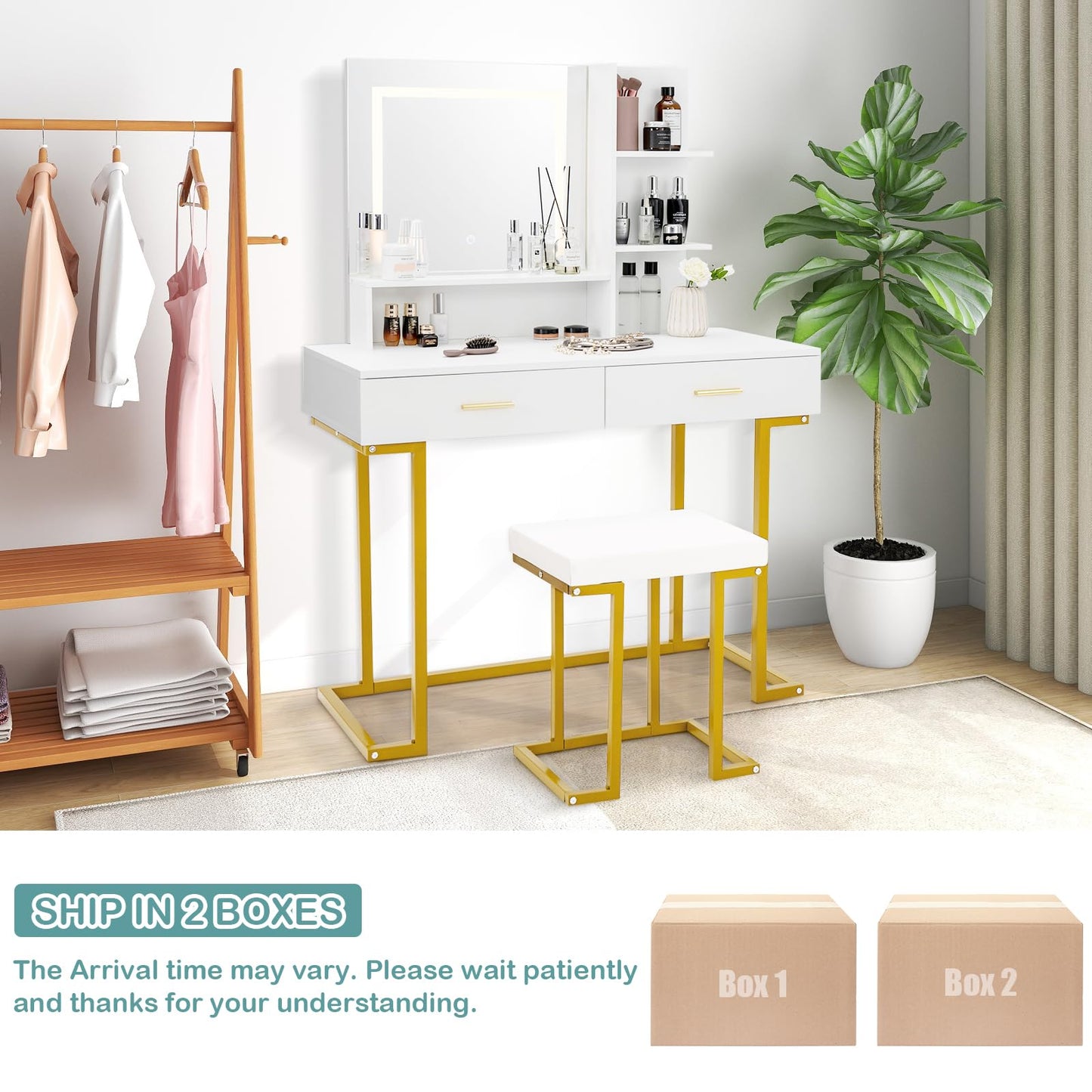 Vanity Set with Large Mirror Makeup Table with Stool and LED Lights