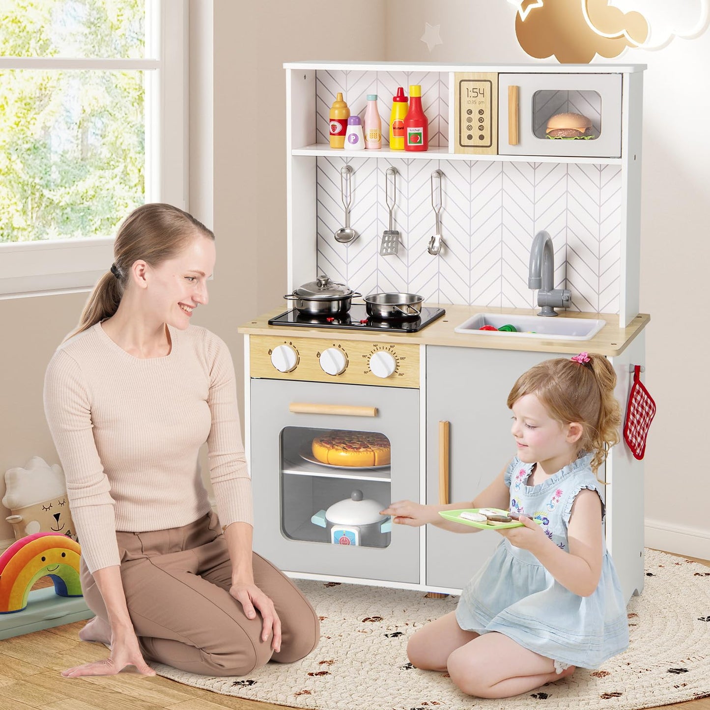 Kids Kitchen Playset with Lights and Sounds Stove Oven Sink Faucet Microwave