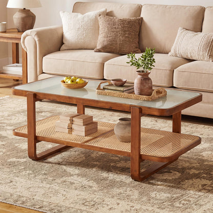 2-Tier Rattan Coffee Table, Frosted Tempered Glass Center Table