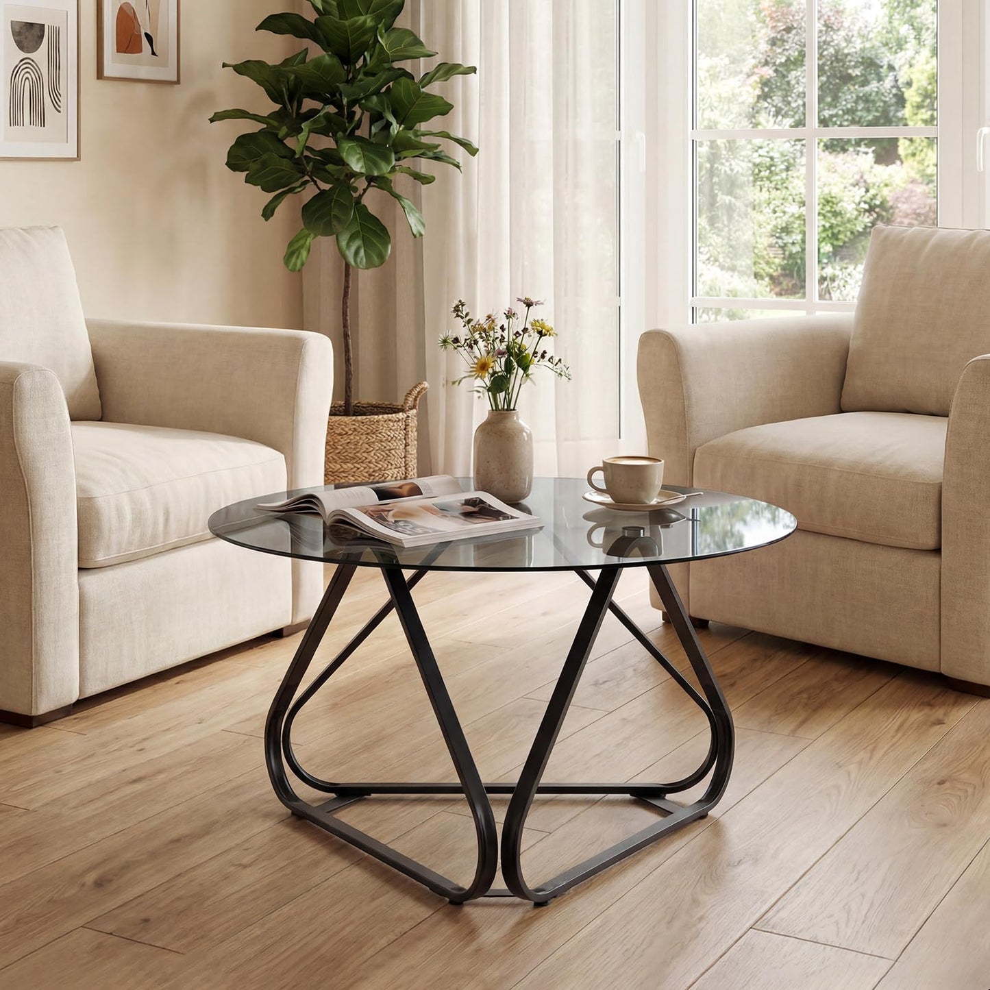 Round Tempered Glass Coffee Table with Triangle Metal Frame for Living Room