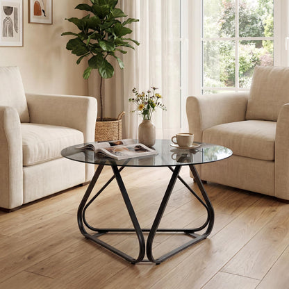 Round Tempered Glass Coffee Table with Triangle Metal Frame for Living Room