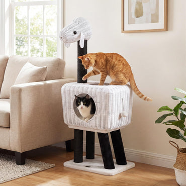 Cat Tree 110cm Lamb-Shaped Cat Tower with 2-Door Rattan Condo Sisal Scratching Posts