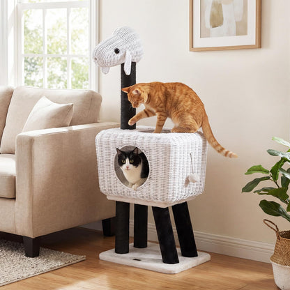 Cat Tree 110cm Lamb-Shaped Cat Tower with 2-Door Rattan Condo Sisal Scratching Posts