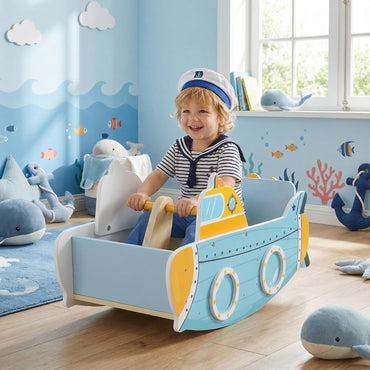 Kids Rocking Boat, Submarine-Themed Wooden Rocking Ship Toy with Rotating Propeller