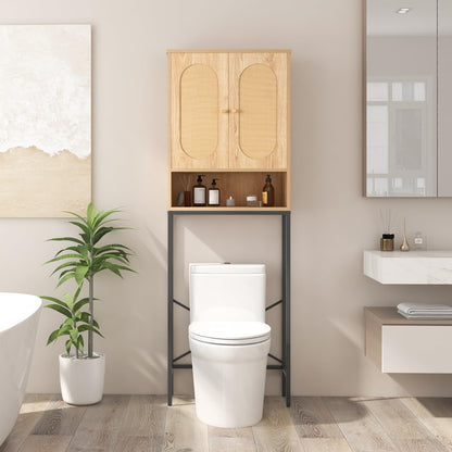 Over The Toilet Freestanding Toilet Storage Cabinet with Rattan Doors