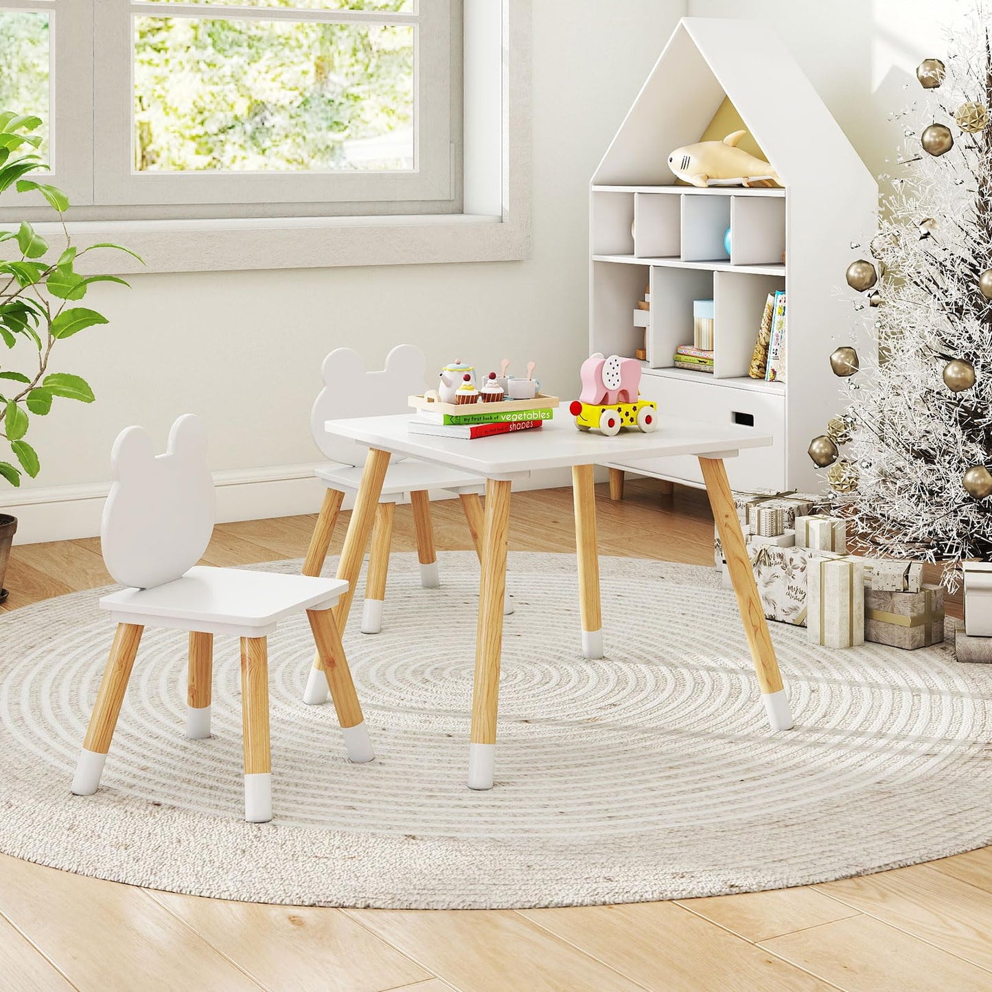 Kids Table and Chair Set, Children Activity Table with 2 Chairs and Pine Wood Legs