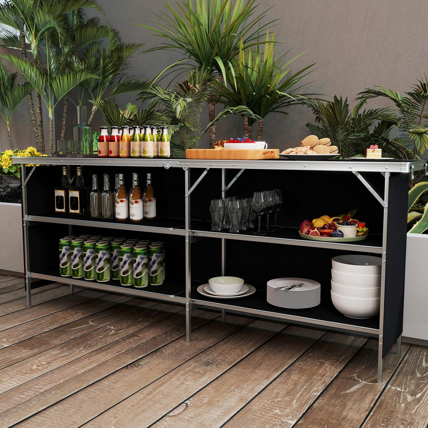 206cm Aluminum Portable Picnic Table with 2-Tier Open Shelves