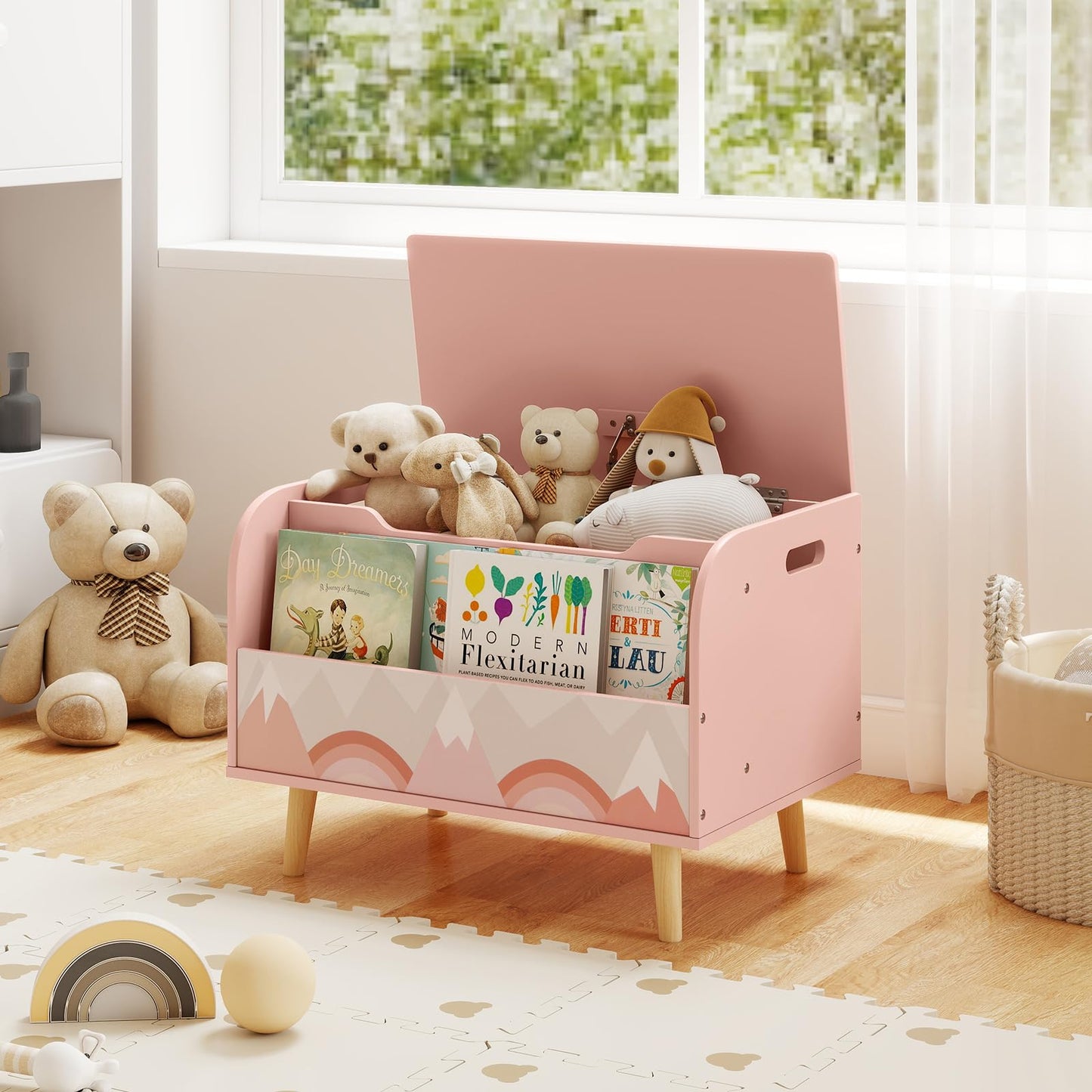Wooden Toy Box, Kids Storage Chest with Flip-top Lid, Front Bookshelf