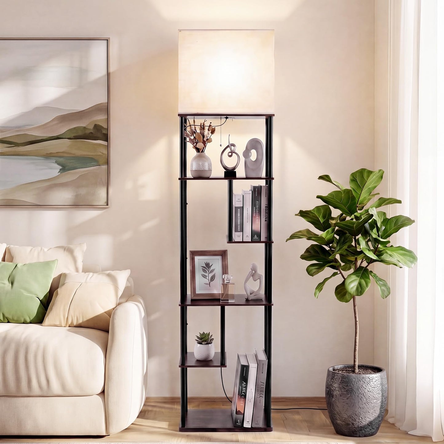 Floor Lamp with Shelves, 5-Tier Tall Standing Lamp with Linen Fabric Shade