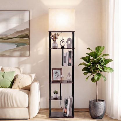 Floor Lamp with Shelves, 5-Tier Tall Standing Lamp with Linen Fabric Shade