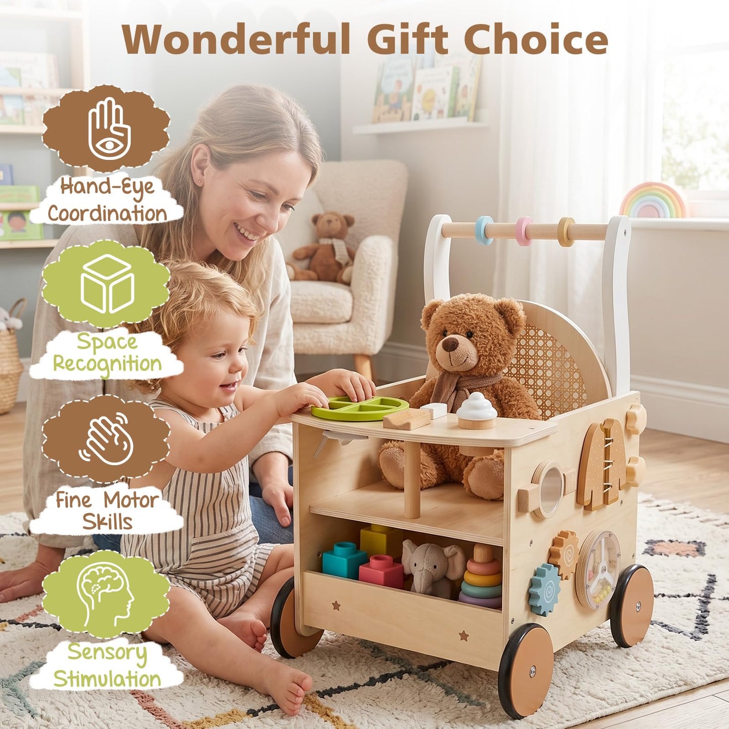 13-In-1 Wooden Baby Walker with Wheels and Storage for Boys Girls Aged 1+