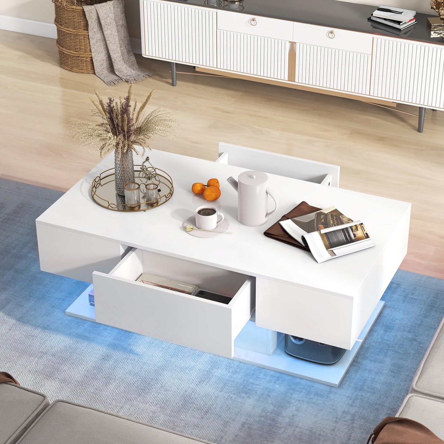 LED Coffee Table with 2 Drawers and Remote Control