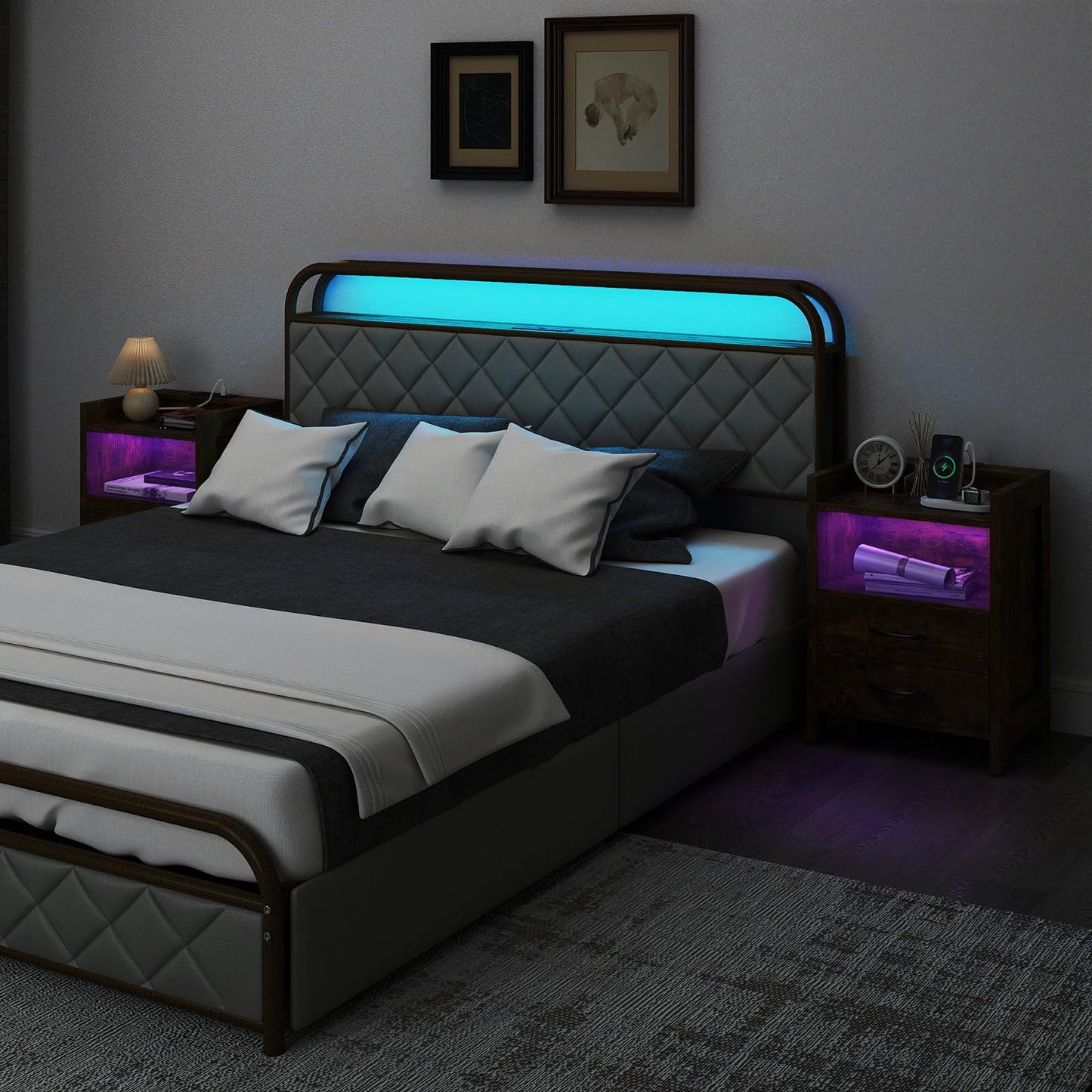 Nightstand with LED Lights and Power Outlets for Living Room