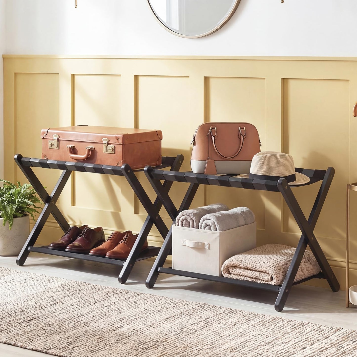 Folding Luggage Rack, Solid Rubber Wood Suitcase Stand with Storage Shelf