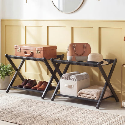 Folding Luggage Rack, Solid Rubber Wood Suitcase Stand with Storage Shelf