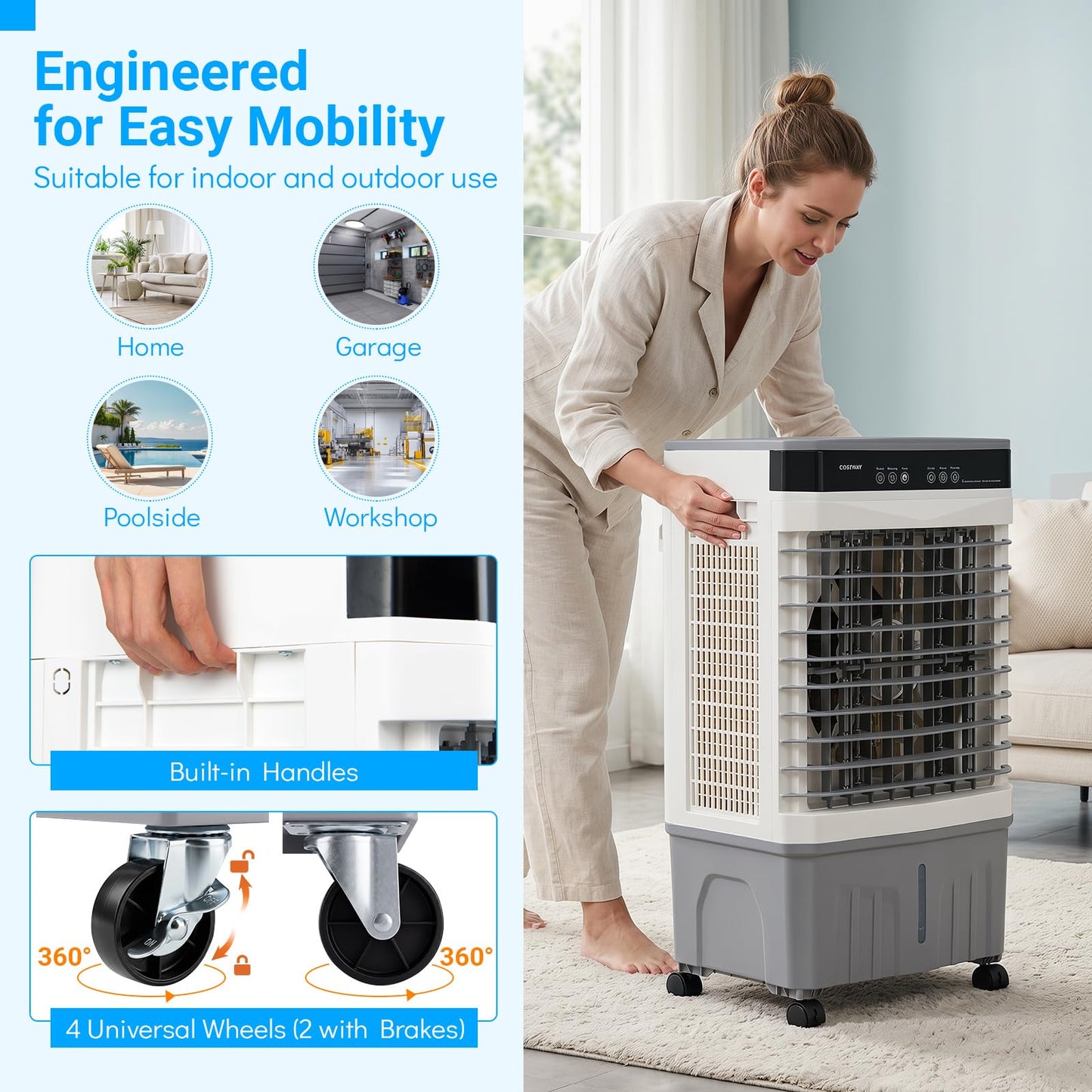 3-in-1 Evaporative Air Cooler with 15L Water Tank and 3 Speeds