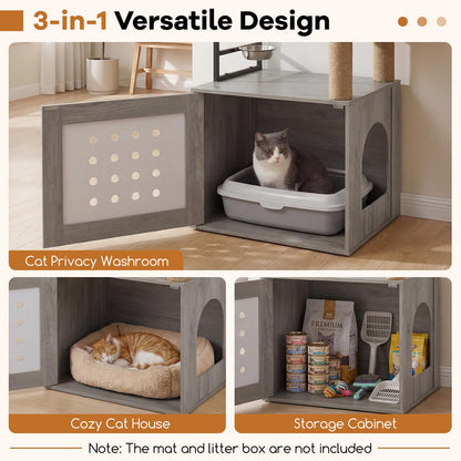 Cat Litter Box Enclosure Cat Tree Play Tower| Cats House Activity Center Hidden Washroom Toilet