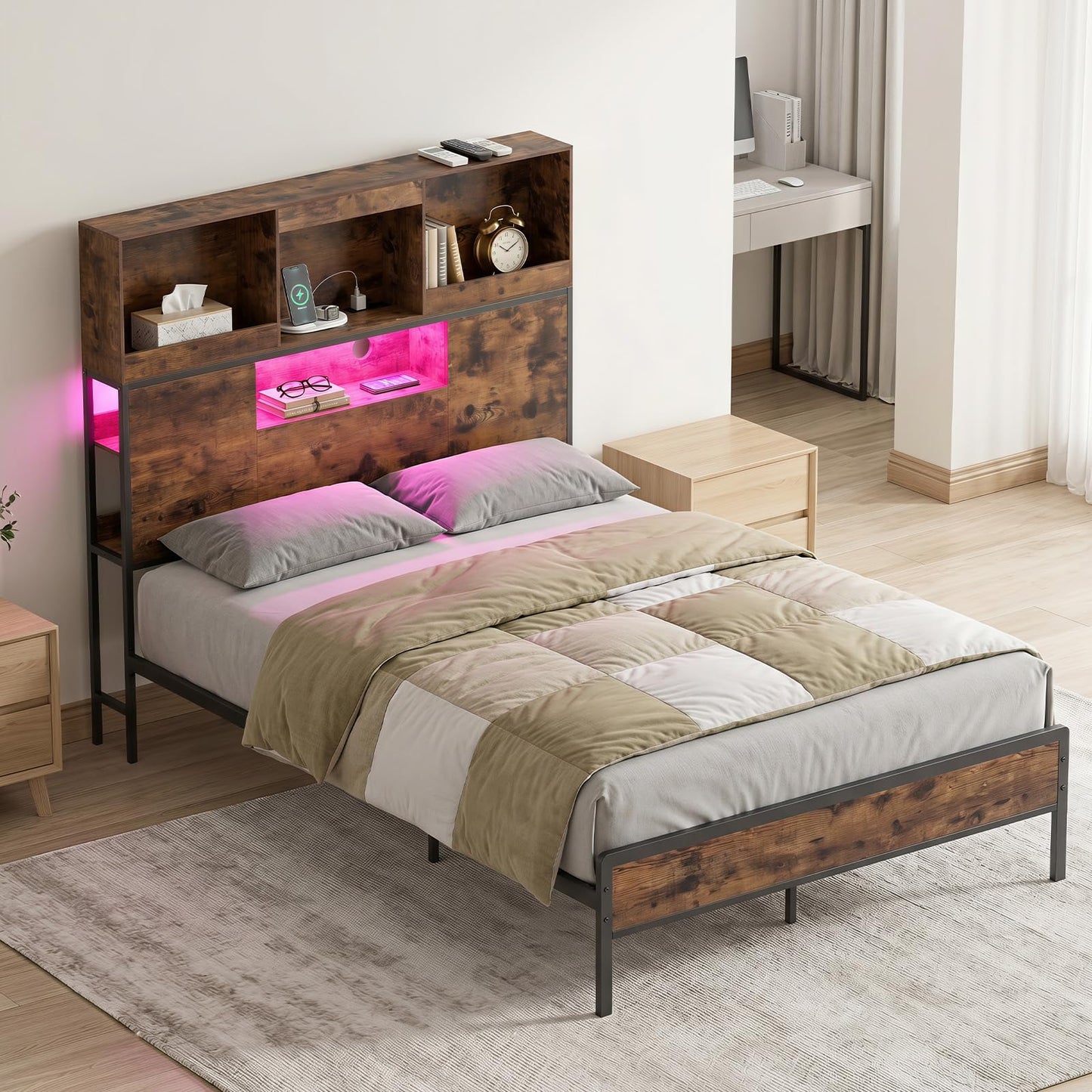 Industrial Metal Platform Bed with LED Lights and Power Outlet