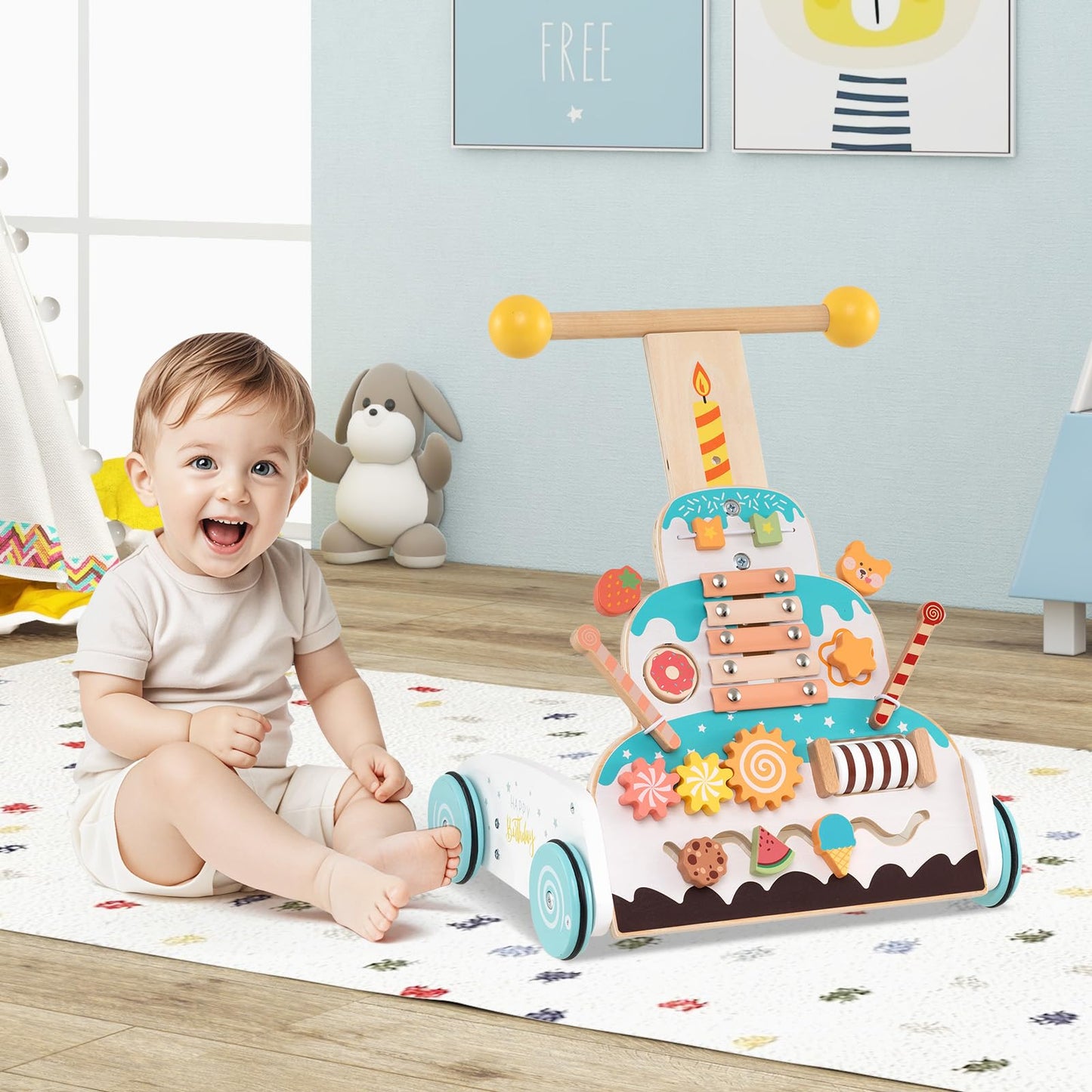 Height Adjustable Wooden Baby Walker with Activity Center