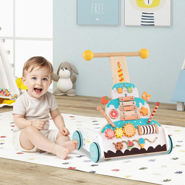 Height Adjustable Wooden Baby Walker with Activity Center