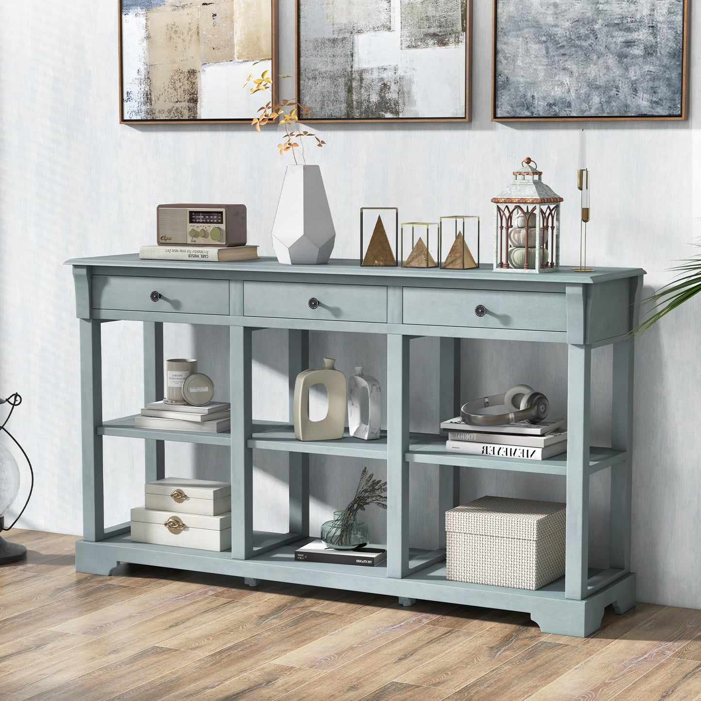 146cm Long Slim Entryway Sofa Table with 3 Drawers & Open Storage Shelves