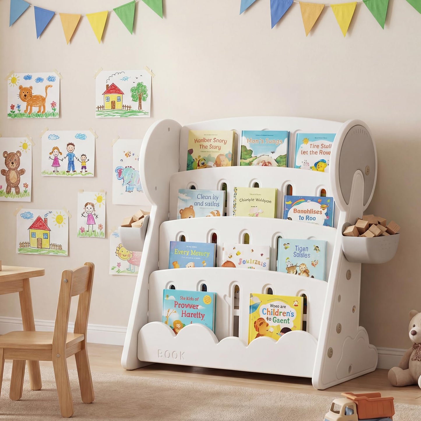 4-Tier Kids Bookshelf with Side Storage Boxes and Reversible Bottom Shelf