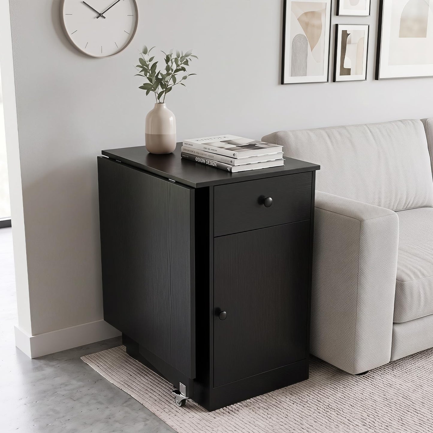 Folding Dining Table for 4-6 with Drawer & Cabinet on Wheel