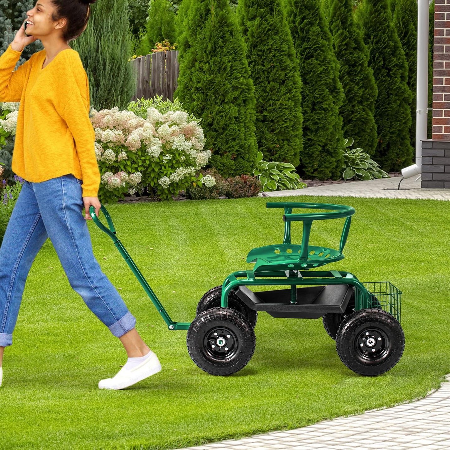Outdoor Gardening Planting Station Trolley with Swivel Seat