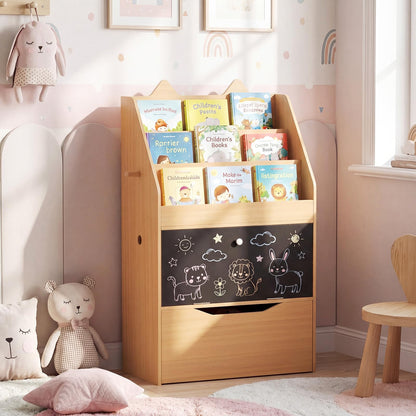 Wooden Kids Bookshelf with Movable Drawer & Chalkboard for Playroom Nursery