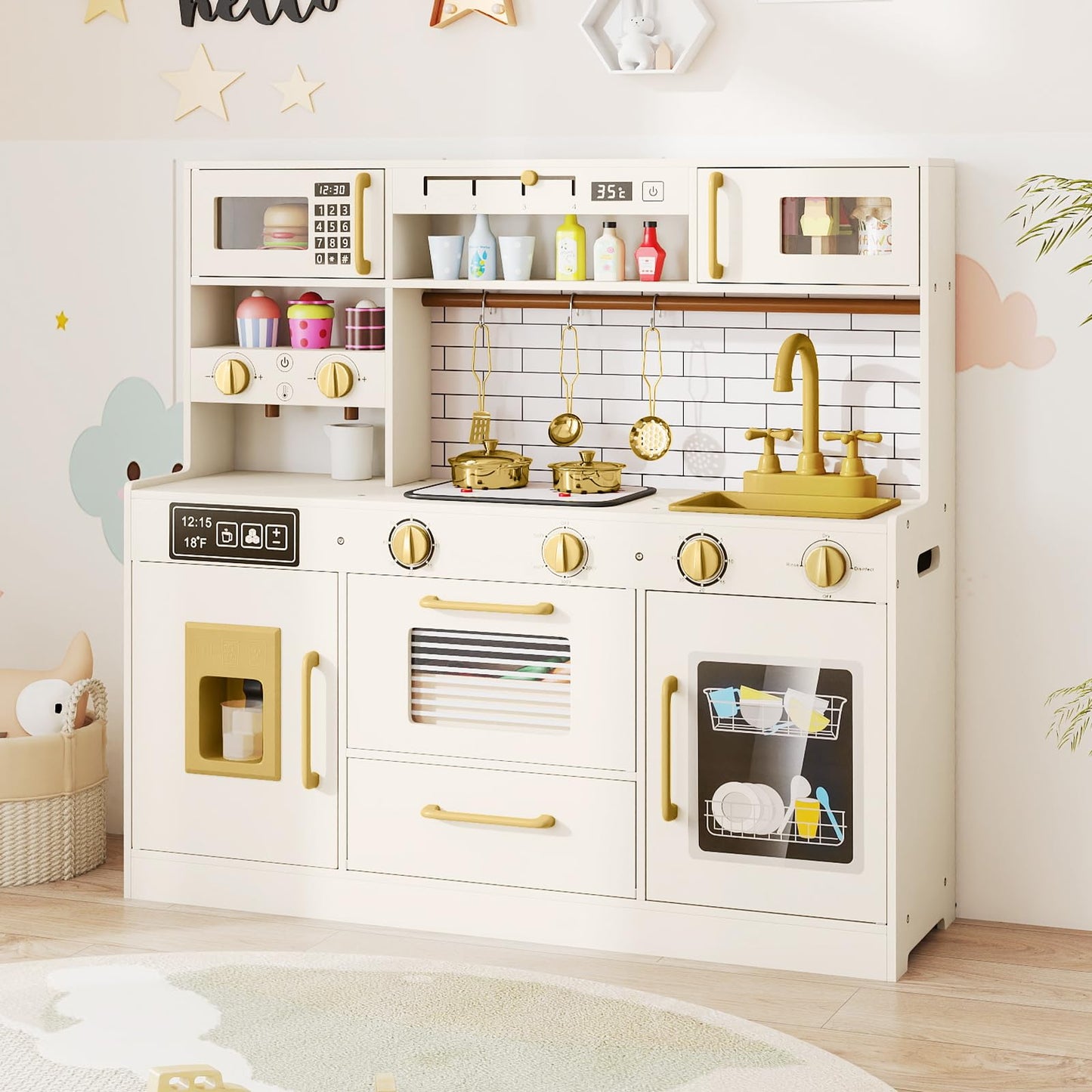 Kids Play Kitchen, Wooden Pretend Toy Kitchen with Realistic Lights