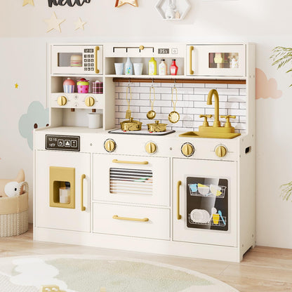 Kids Play Kitchen, Wooden Pretend Toy Kitchen with Realistic Lights