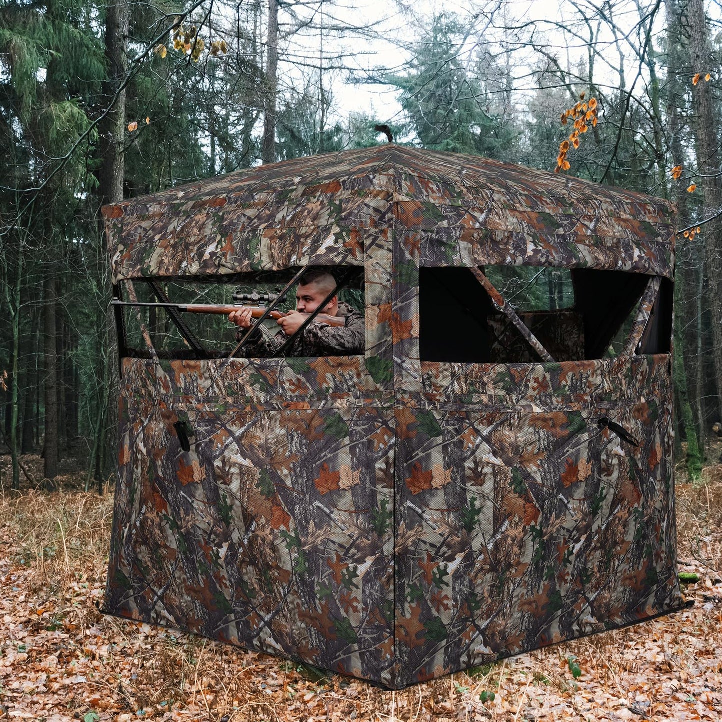 360 Degree One-way See-through Hunting Blind 4 People Ground Blind with Silent-slide Windows