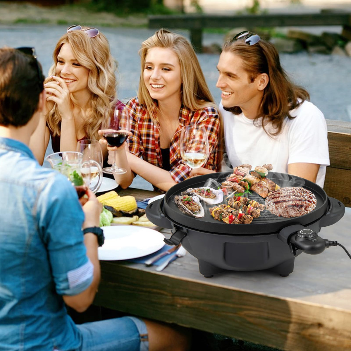Indoor Outdoor Grill with 2-Zone Non-Stick Grilling Plate