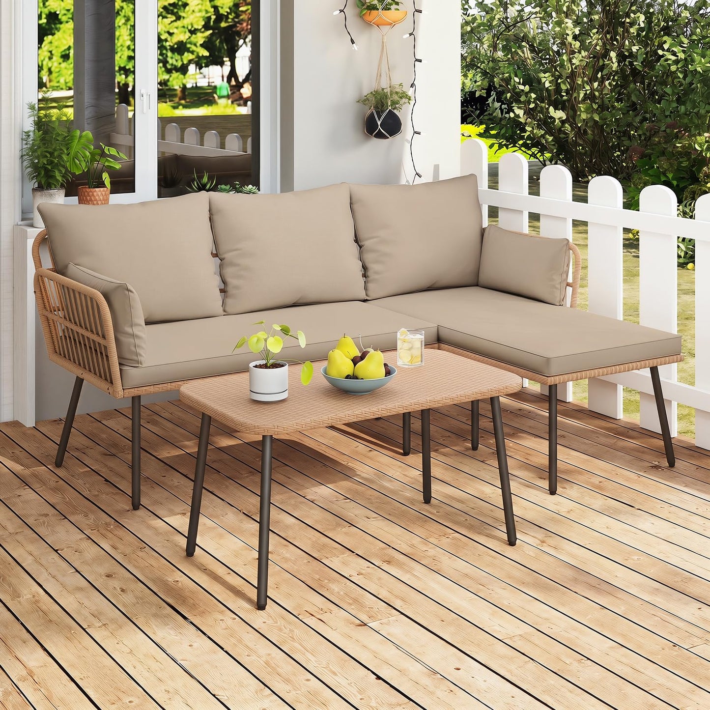 4-Seater Rattan Garden Furniture Set, 3-Piece L Shaped Sectional Outdoor Corner Sofa Sets