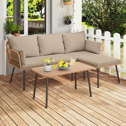4-Seater Rattan Garden Furniture Set, 3-Piece L Shaped Sectional Outdoor Corner Sofa Sets